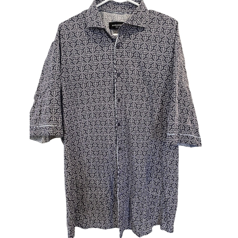 BOGOSSE Short Sleeve Button Up Shirt 2XLT Like Baroque Paisley Deep Purple White